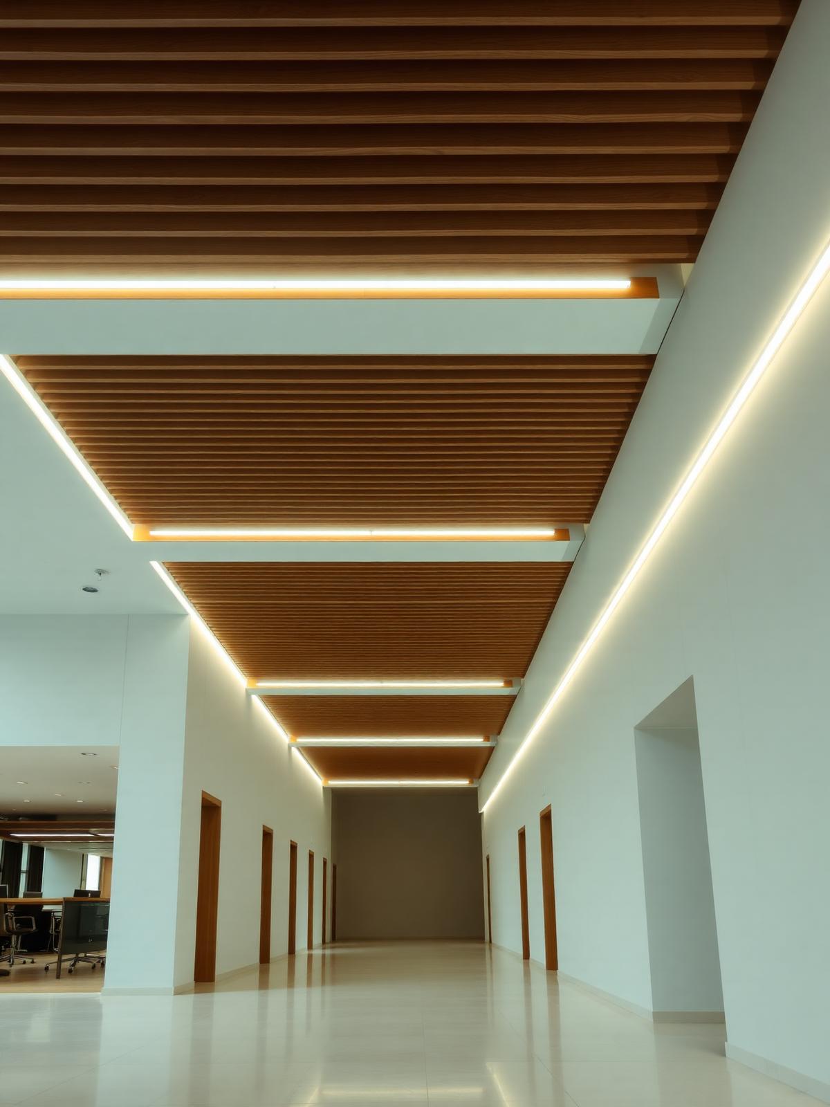 Interior corporativo com forro em ripado de madeira e drywall
